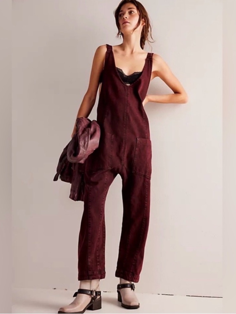 We The Free High Roller Jumpsuit Burgundy